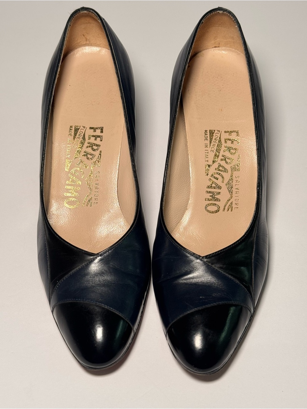 Salvatore Ferragamo Navy Leather Pumps with Black Cap Toe